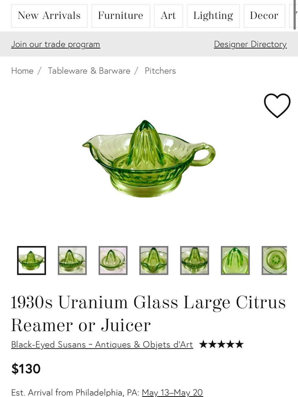 1930’s Vintage Uranium Green Glass Large Citrus Orange Reamer Juicer